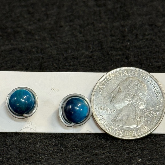 Stainless Steel Wire Wrapped Blue Tiger Eye Studs - Picture 2 of 2
